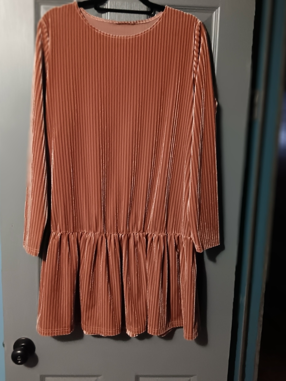 Pleated Velvet Long Sleeve Drop-Waist Dress - Dusty Rose